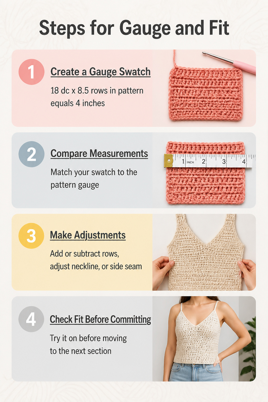 Crochet Summer Top Patterns, Styles and Yarn Guide 23 An image illustrating the importance of gauge in crochet.