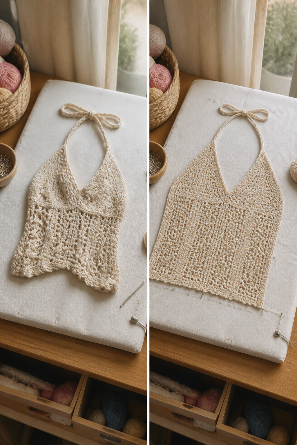 Crochet Summer Top Patterns, Styles and Yarn Guide 24 An image showing a crochet piece being blocked on a flat surface.