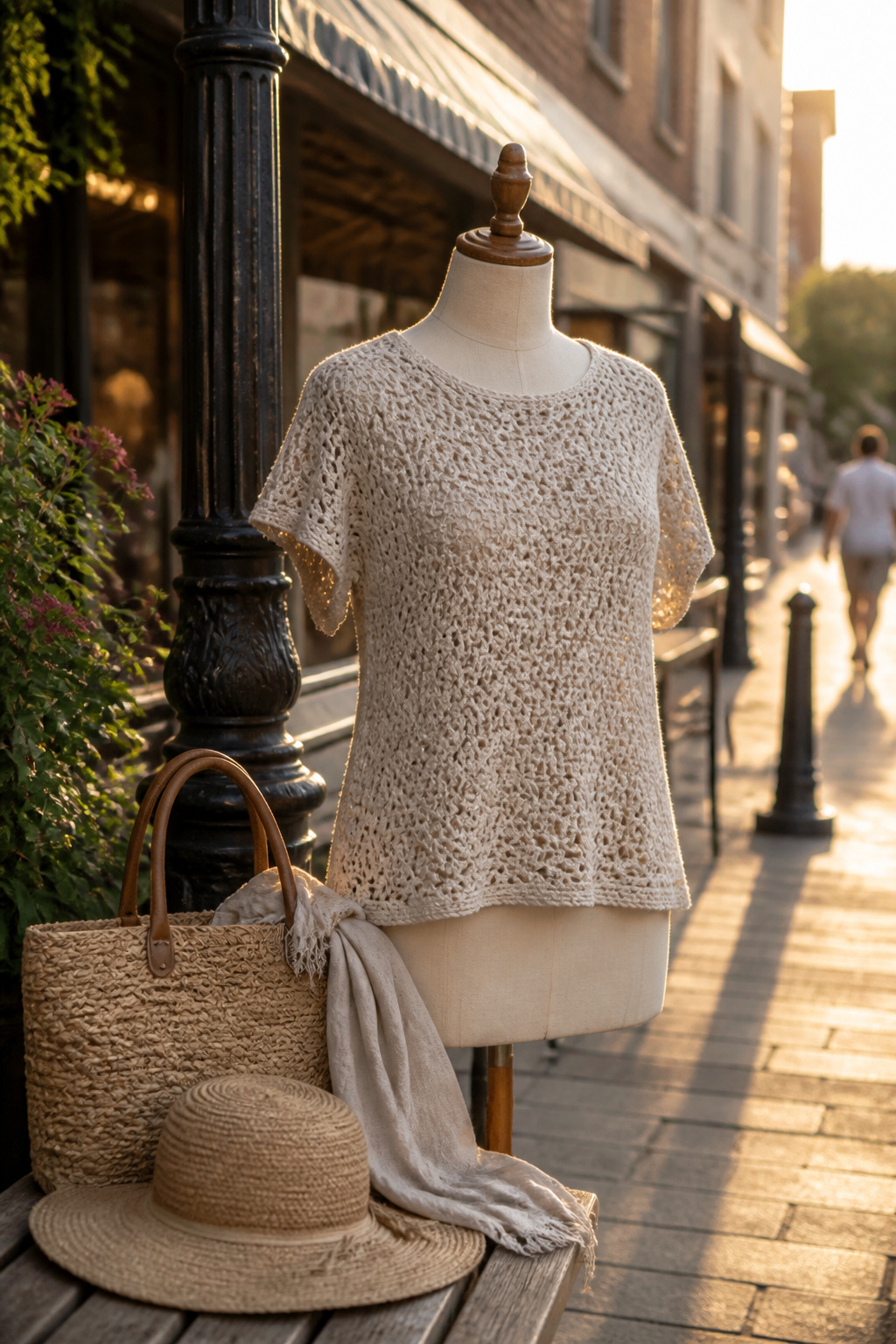 Crochet Summer Top Patterns, Styles and Yarn Guide 6 A Harper Tee displayed on a dress form by a lamppost.