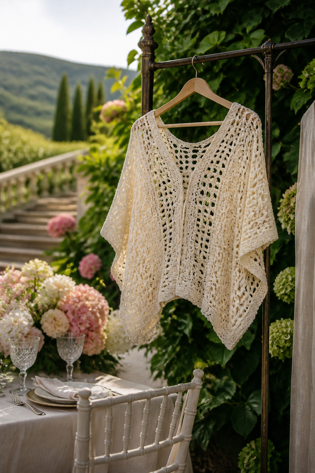 Crochet Summer Top Patterns, Styles and Yarn Guide 9 A Lovelace Top displayed on an antique clothes rack outdoors.