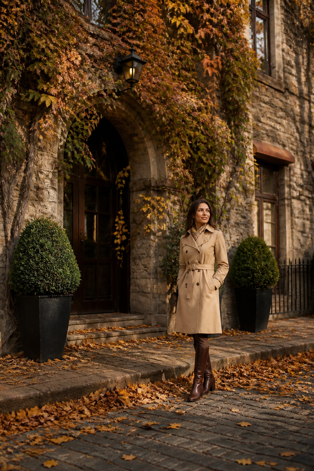 Model in a trench coat against an urban backdrop.