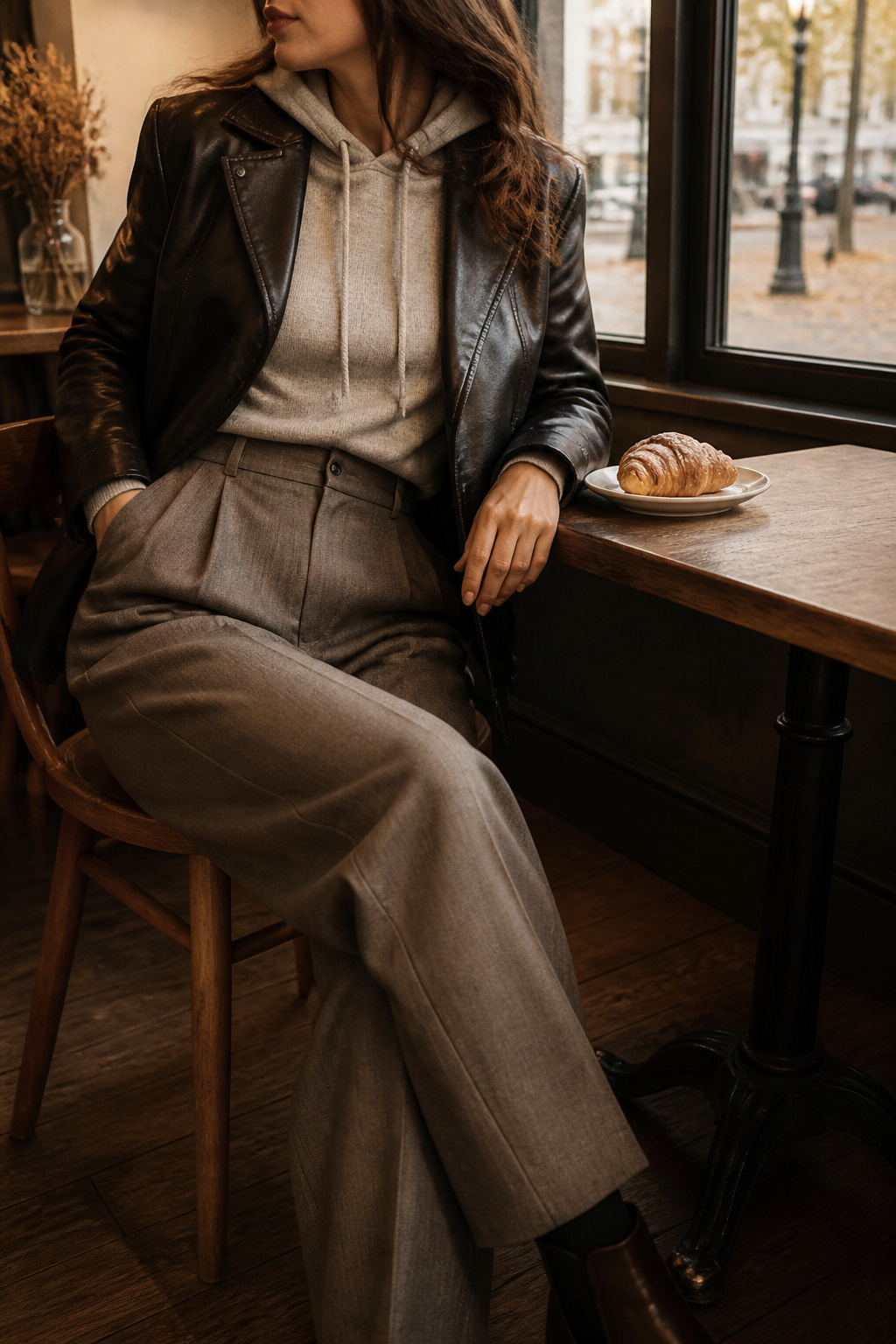 Model in a hoodie and leather jacket at a cozy café.