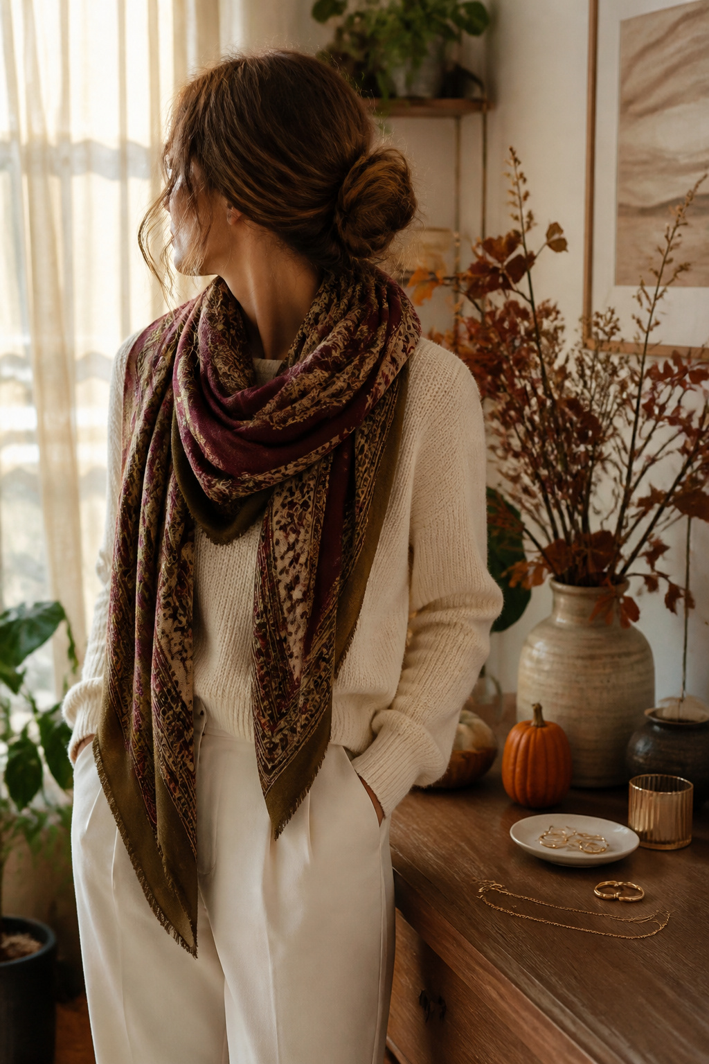Model showcasing a wide scarf in a decorated room.