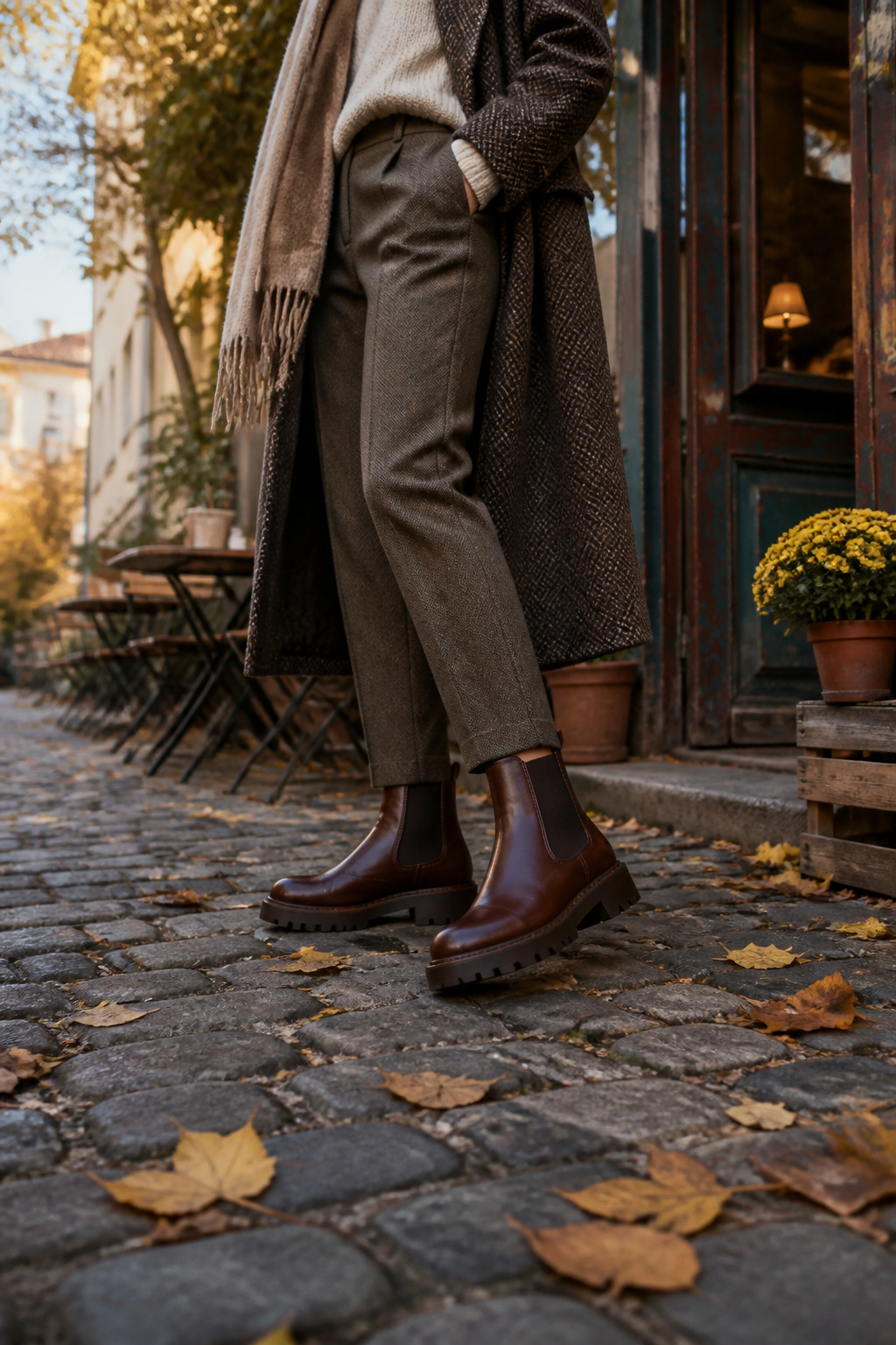Model wearing ankle boots with cropped trousers in an urban setting.