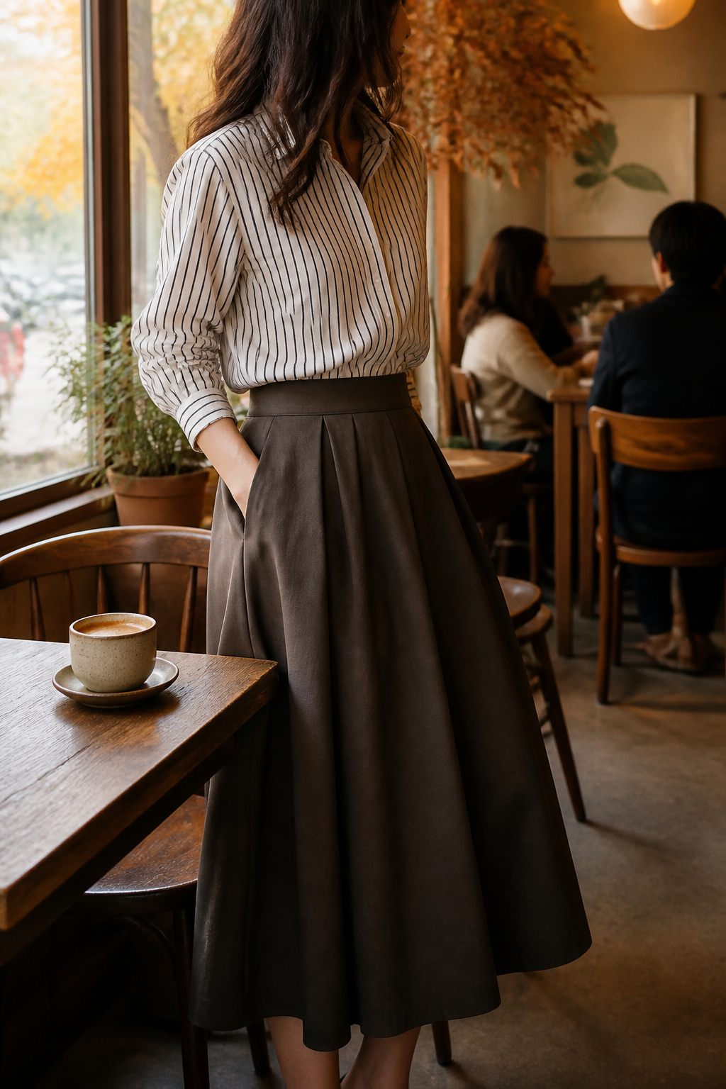 Model in a striped button-down and midi skirt in a cozy café.