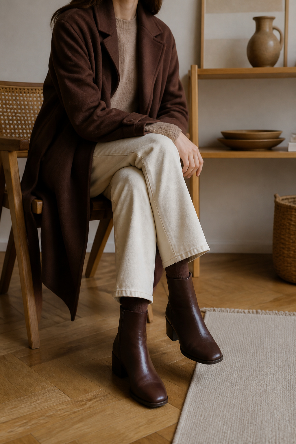 Model in an oversized sweater styled in a natural setting.
