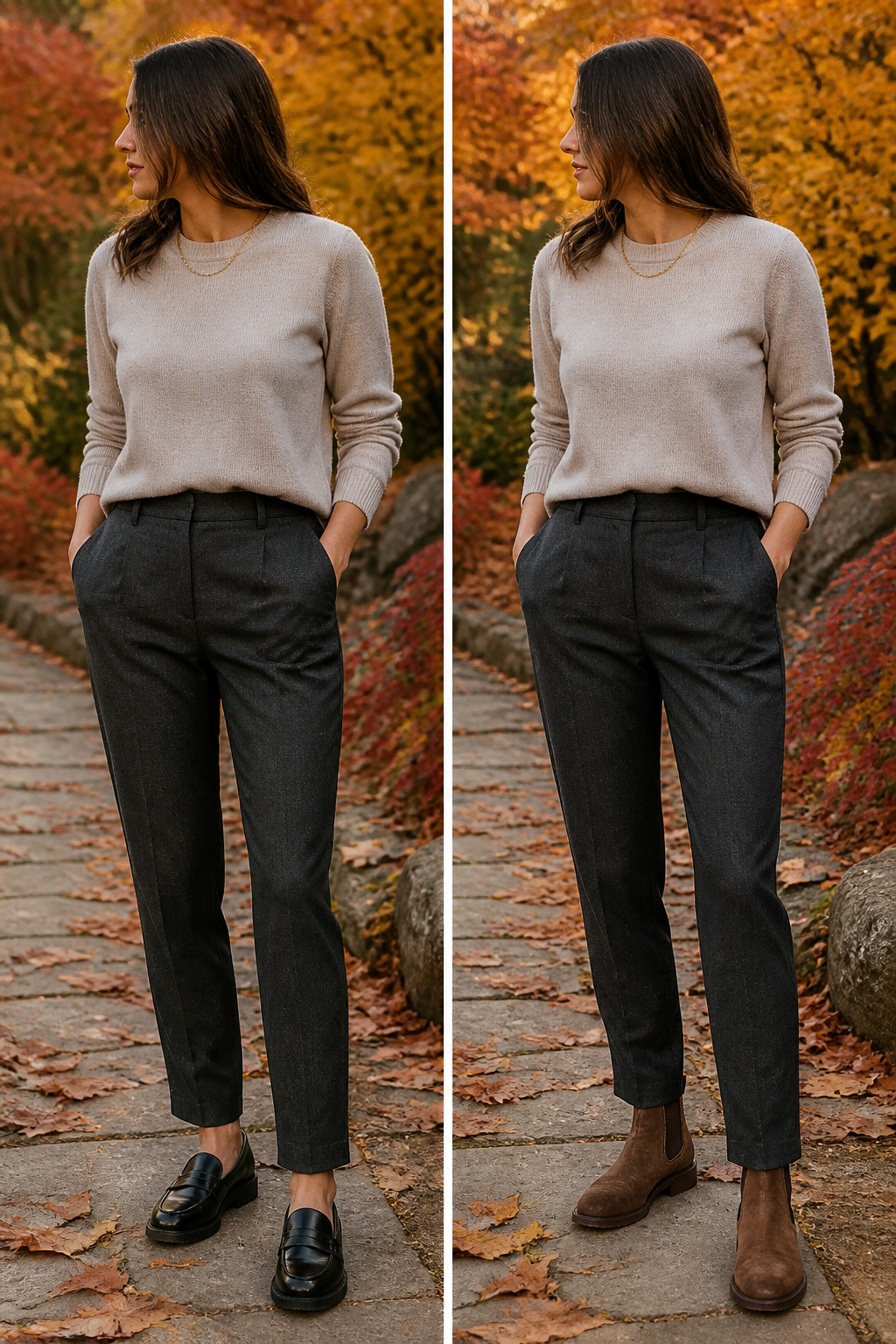 Model demonstrating casual and formal outfit variations.