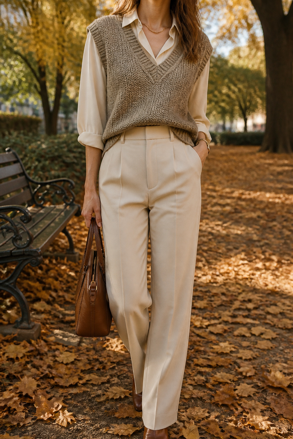 Model wearing a sweater vest over a short sleeve top.