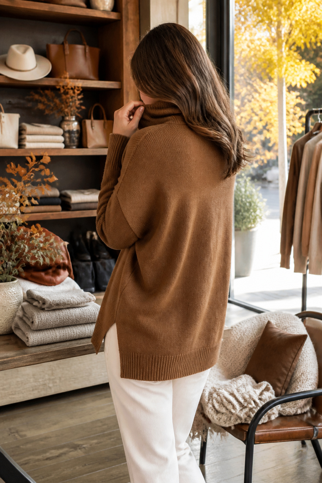 Model in a cashmere sweater surrounded by autumn decor.
