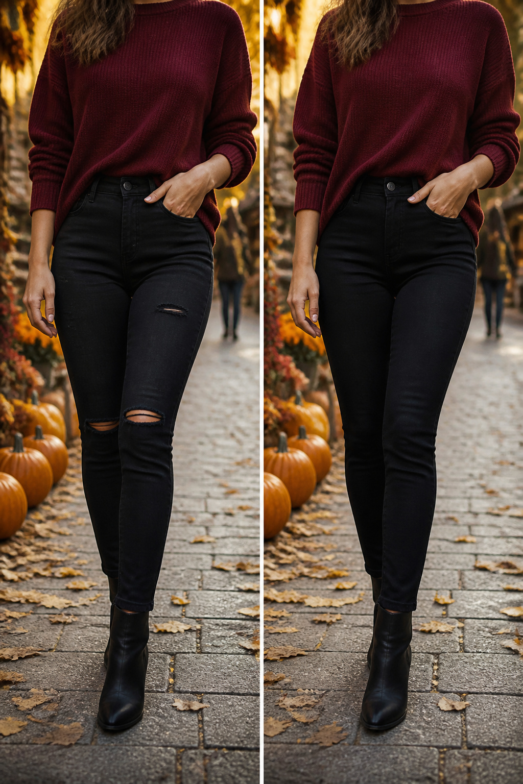 Model in burgundy jeans and a neutral top in an outdoor setting.