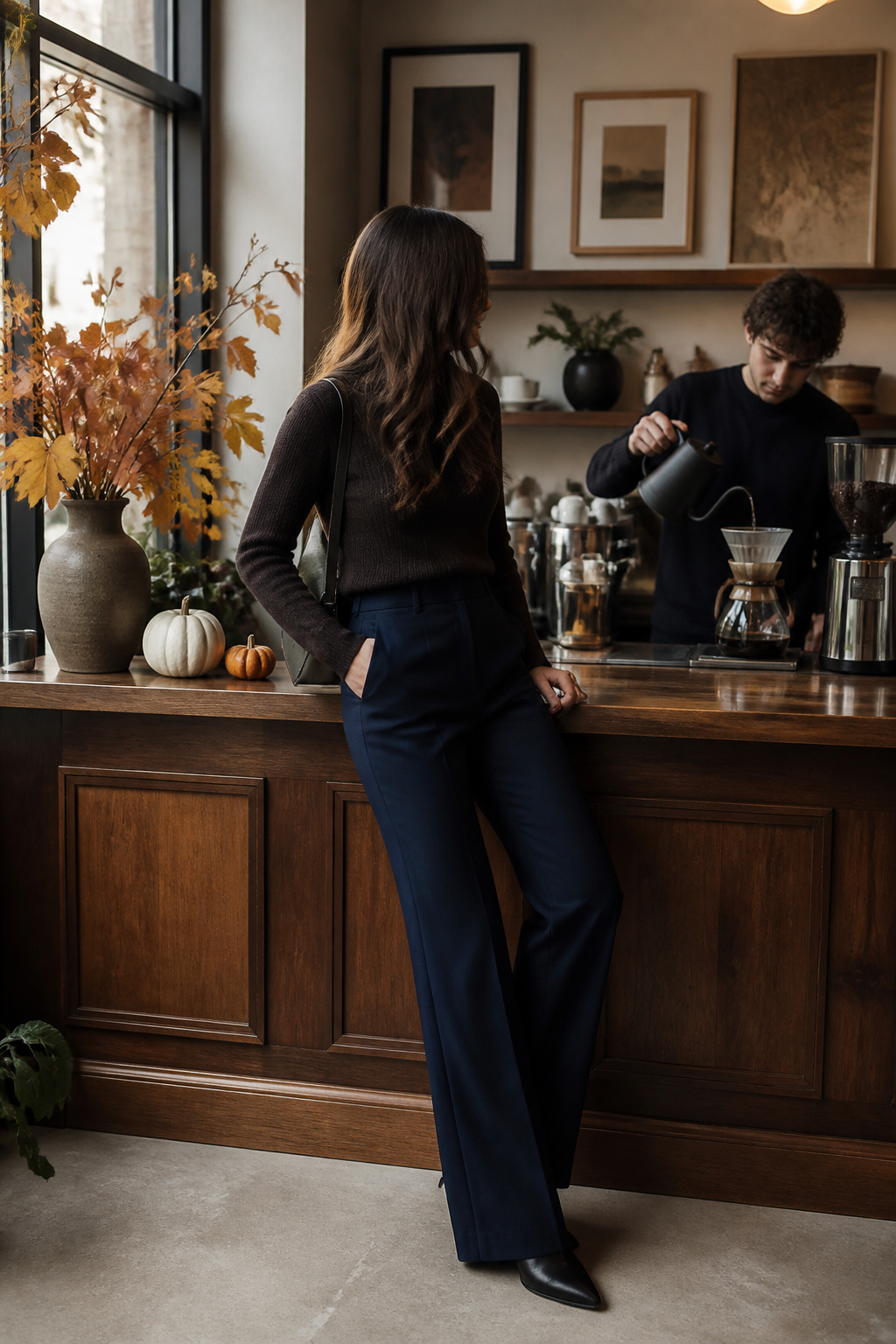 Model in navy tailored trousers and a turtleneck in a coffee shop.
