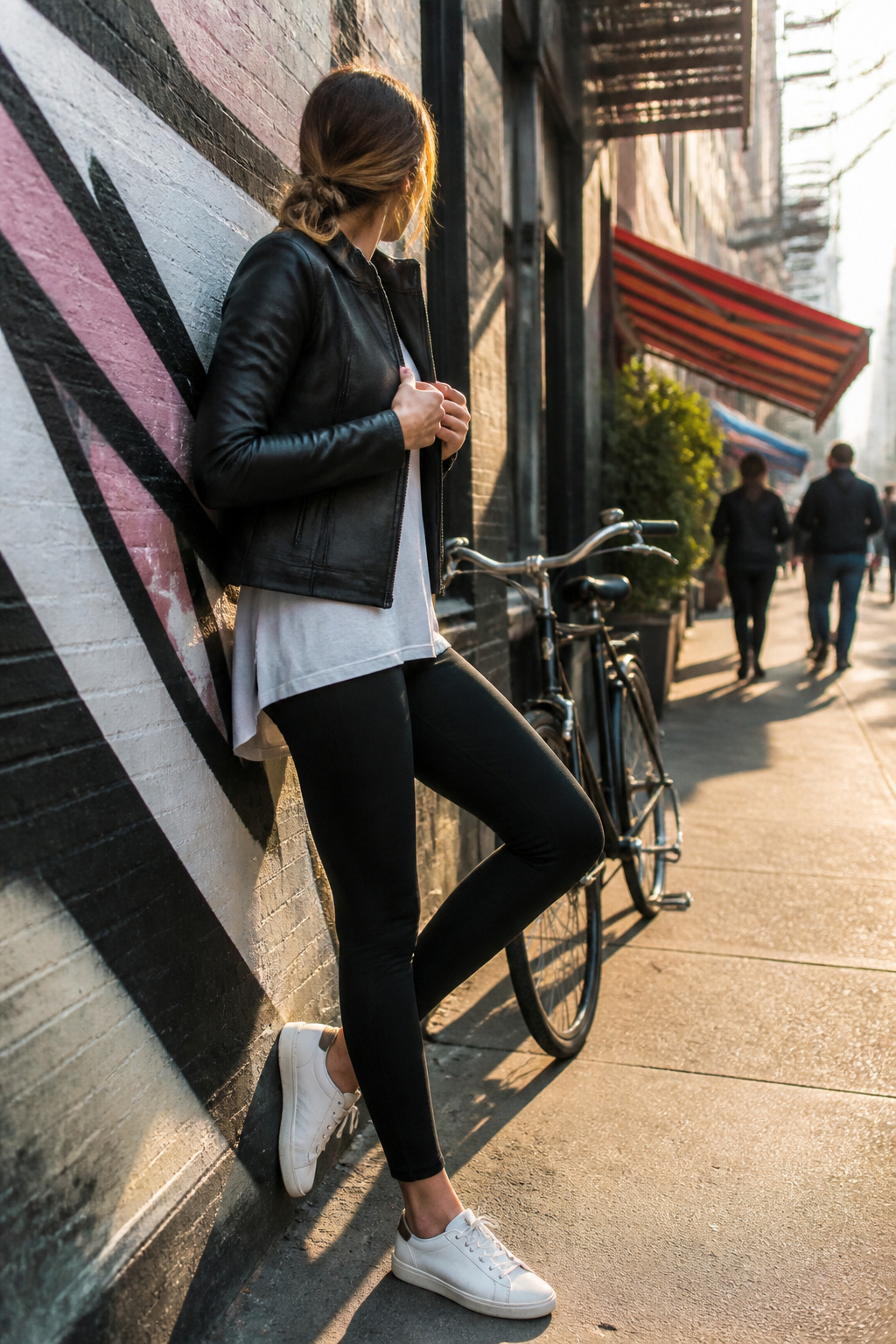 Model leaning against a wall in black leggings and a longline tee.