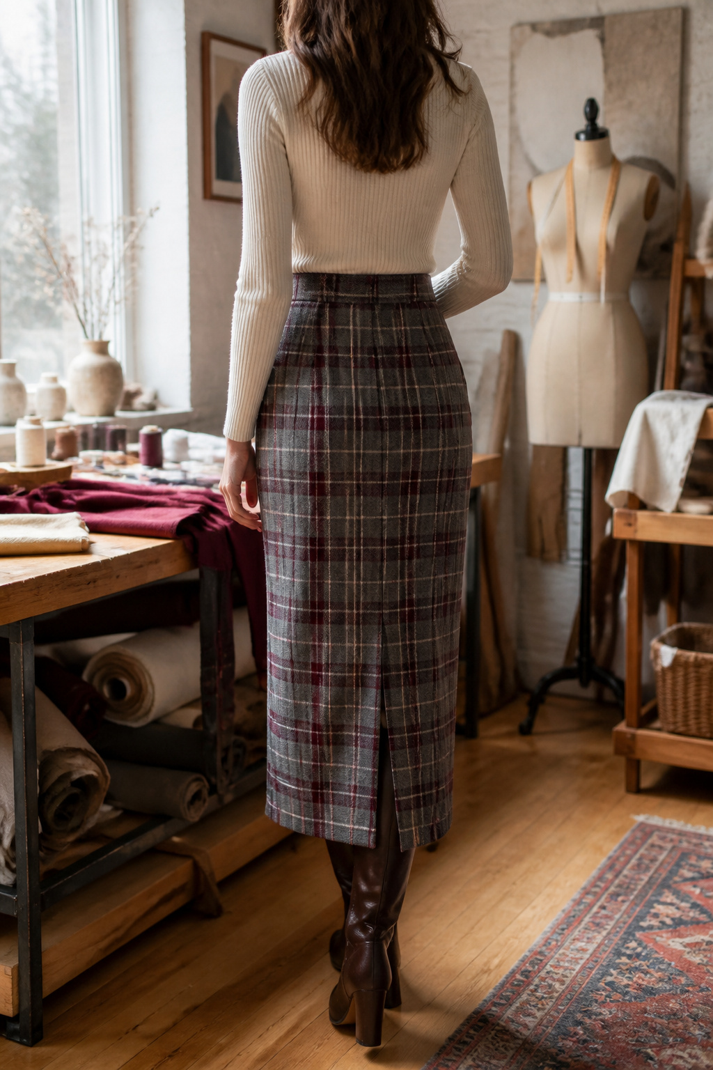 10 Fall Skirt Outfit Ideas for 2026 4 Model in a fitted knit top and a tailored plaid skirt.