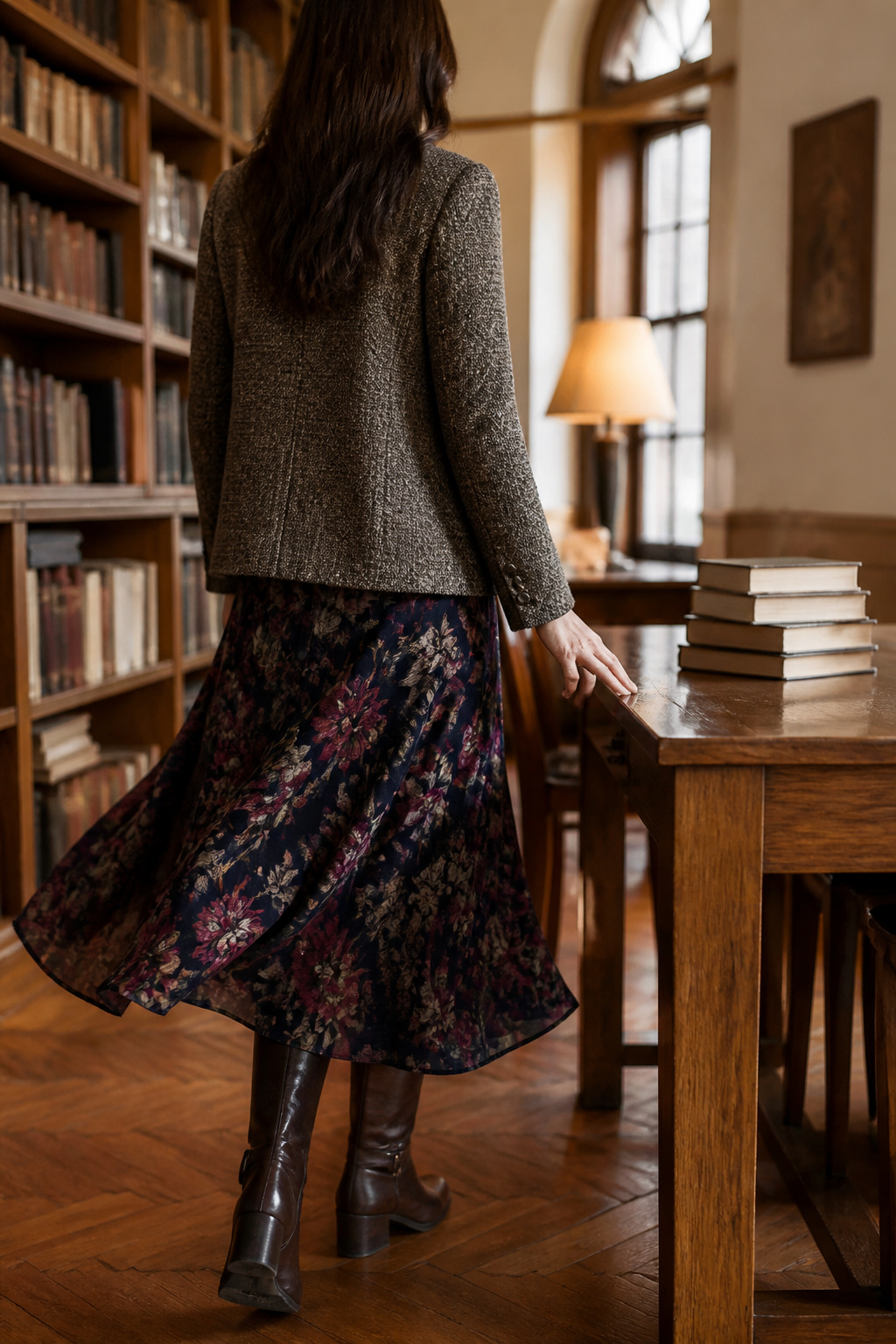 10 Fall Skirt Outfit Ideas for 2026 8 Model wearing a floral skirt and tweed blazer in a library.