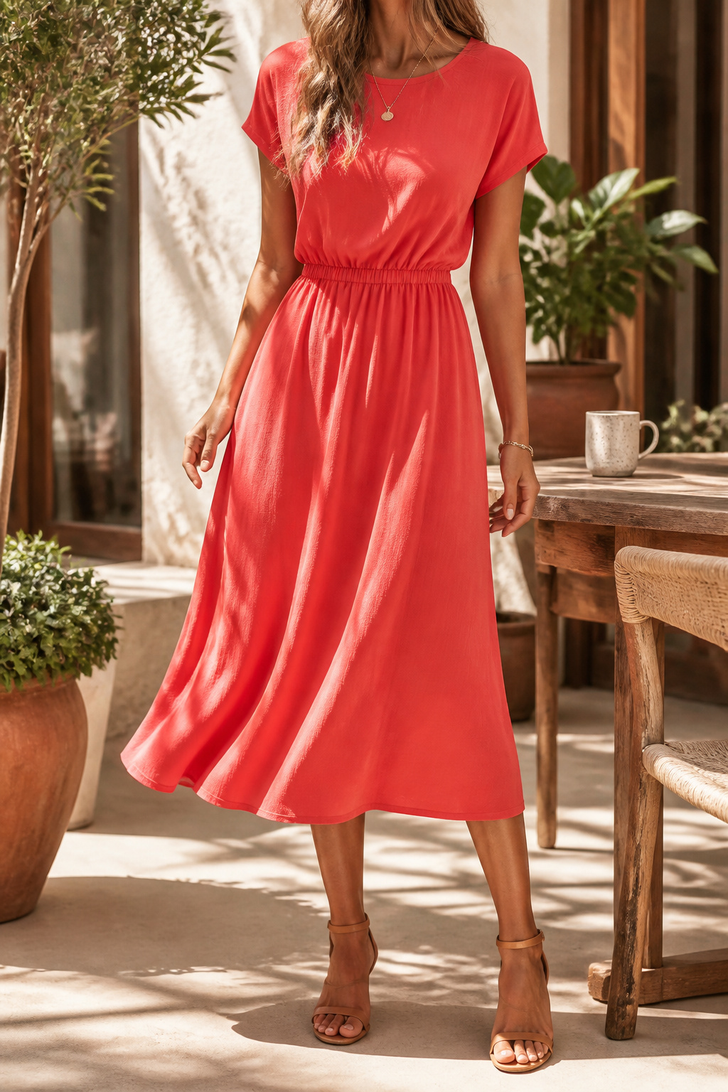 A casual dress displayed on a model, showcasing its fabric and style.