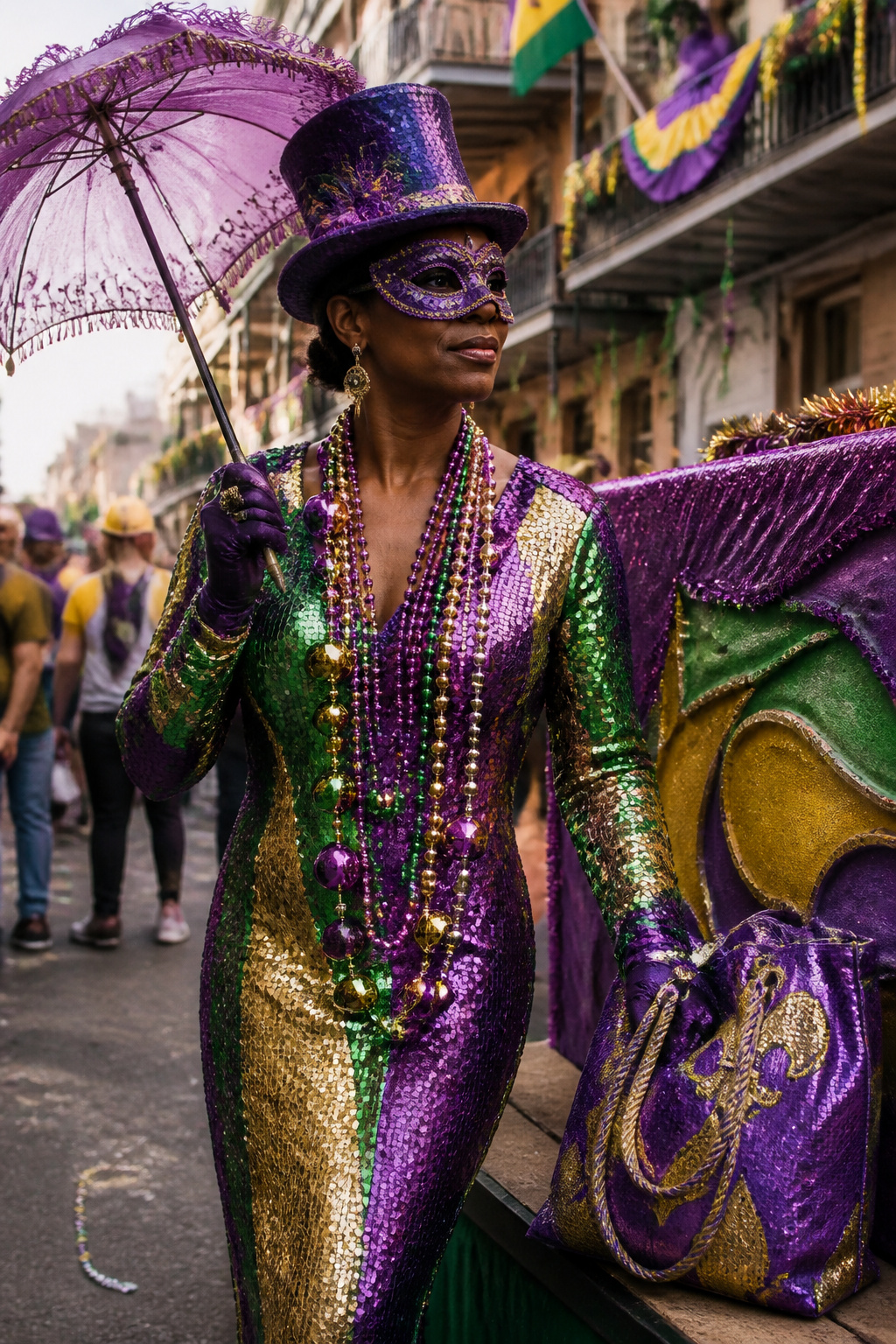 Individual in sequined dress with eye-mask and colorful beads.