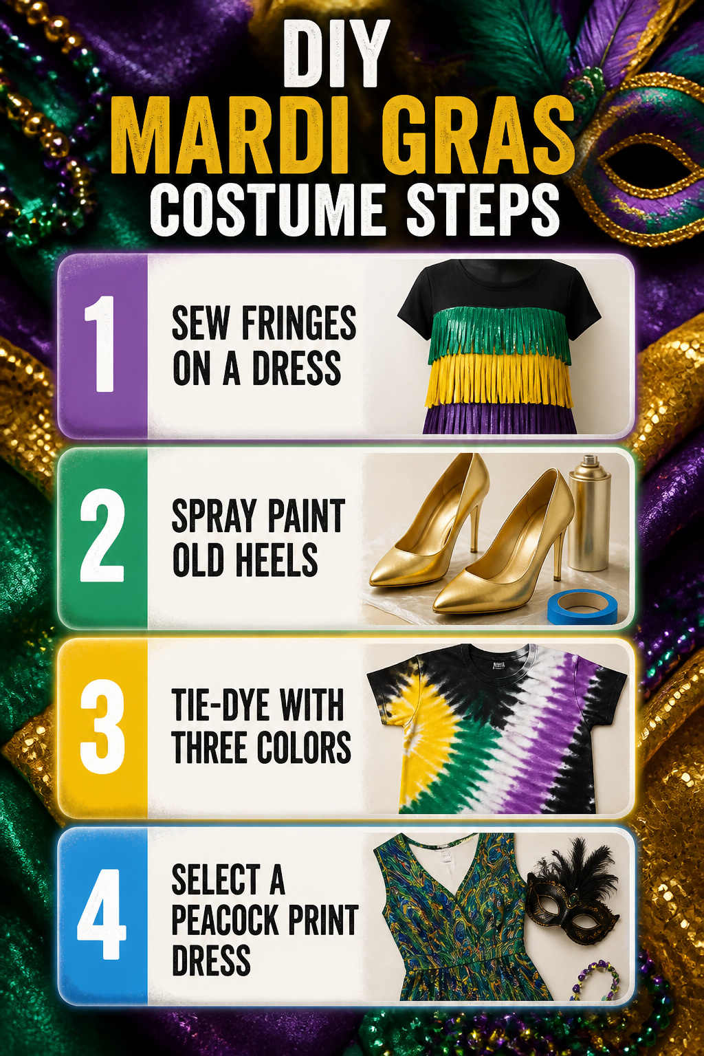 Instructions for adding fringes to a black slip dress.