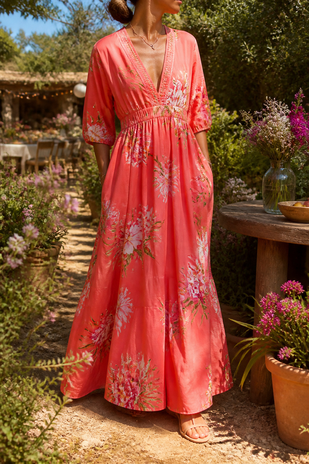 A coral maxi dress surrounded by blooming flowers and greenery.