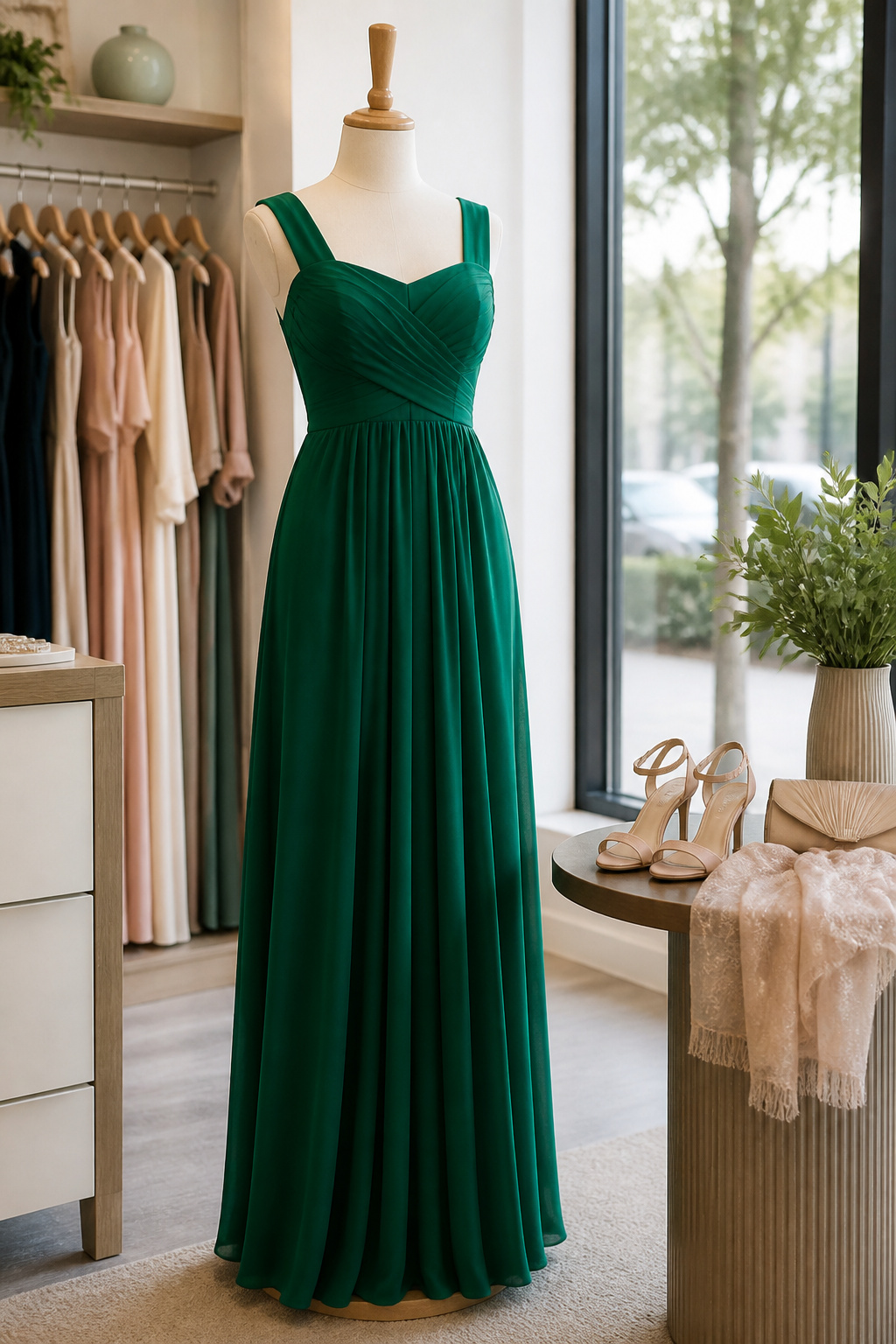 A fitted emerald maxi dress displayed on a mannequin in a boutique.