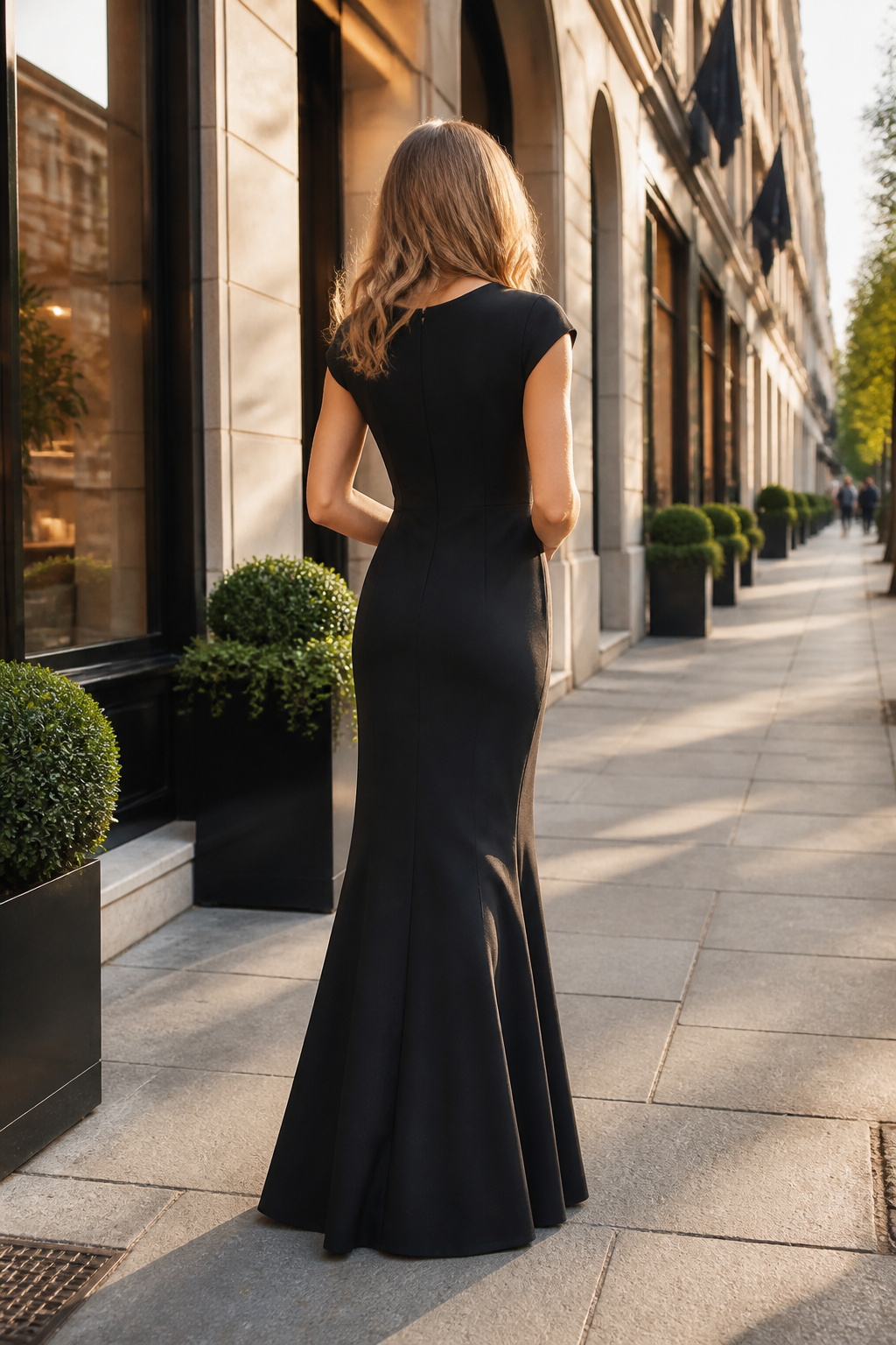 A designer maxi dress with a modern silhouette on a city sidewalk.