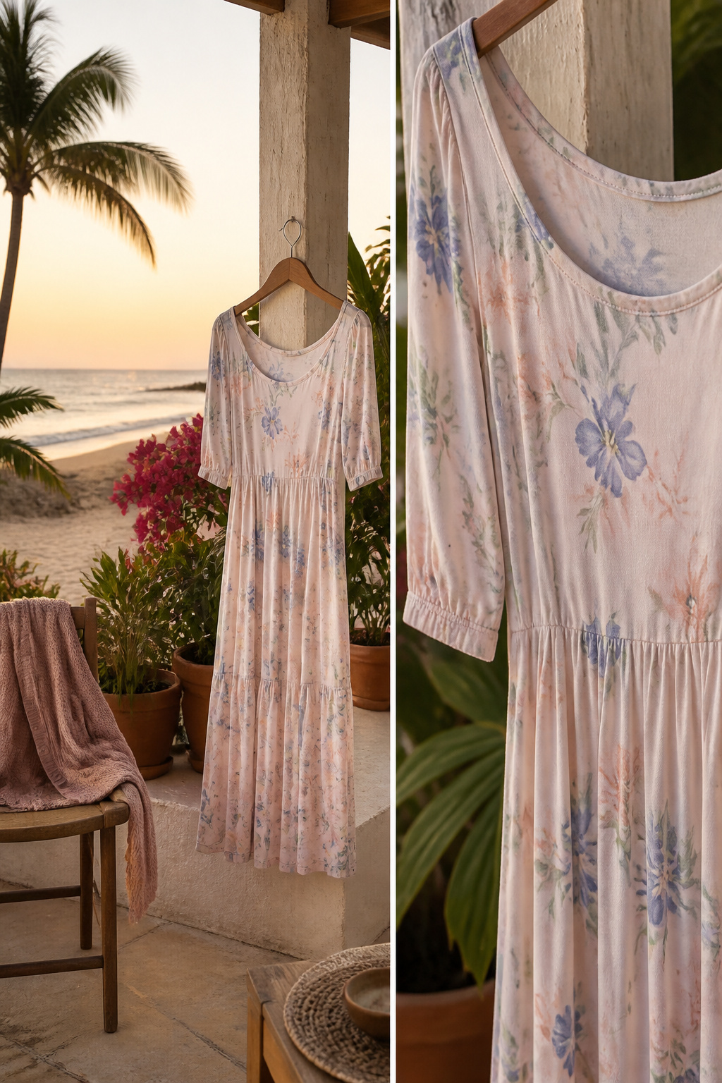 A mid-weight maxi dress suitable for various seasons displayed on a hanger.