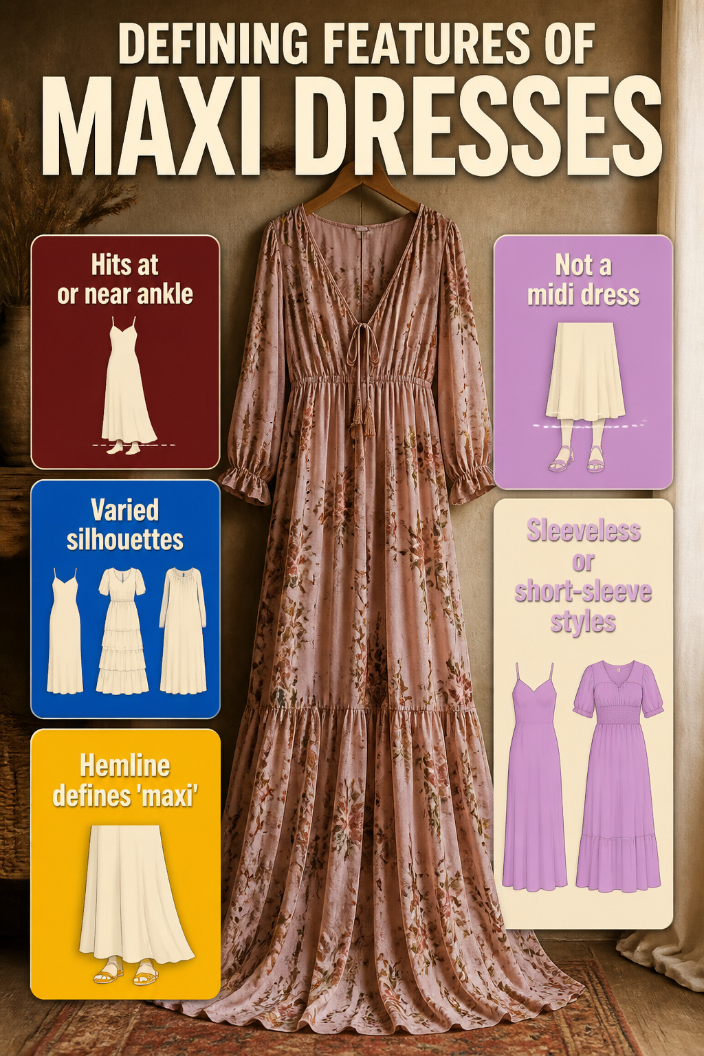 An information image illustrating the defining features of maxi dresses.