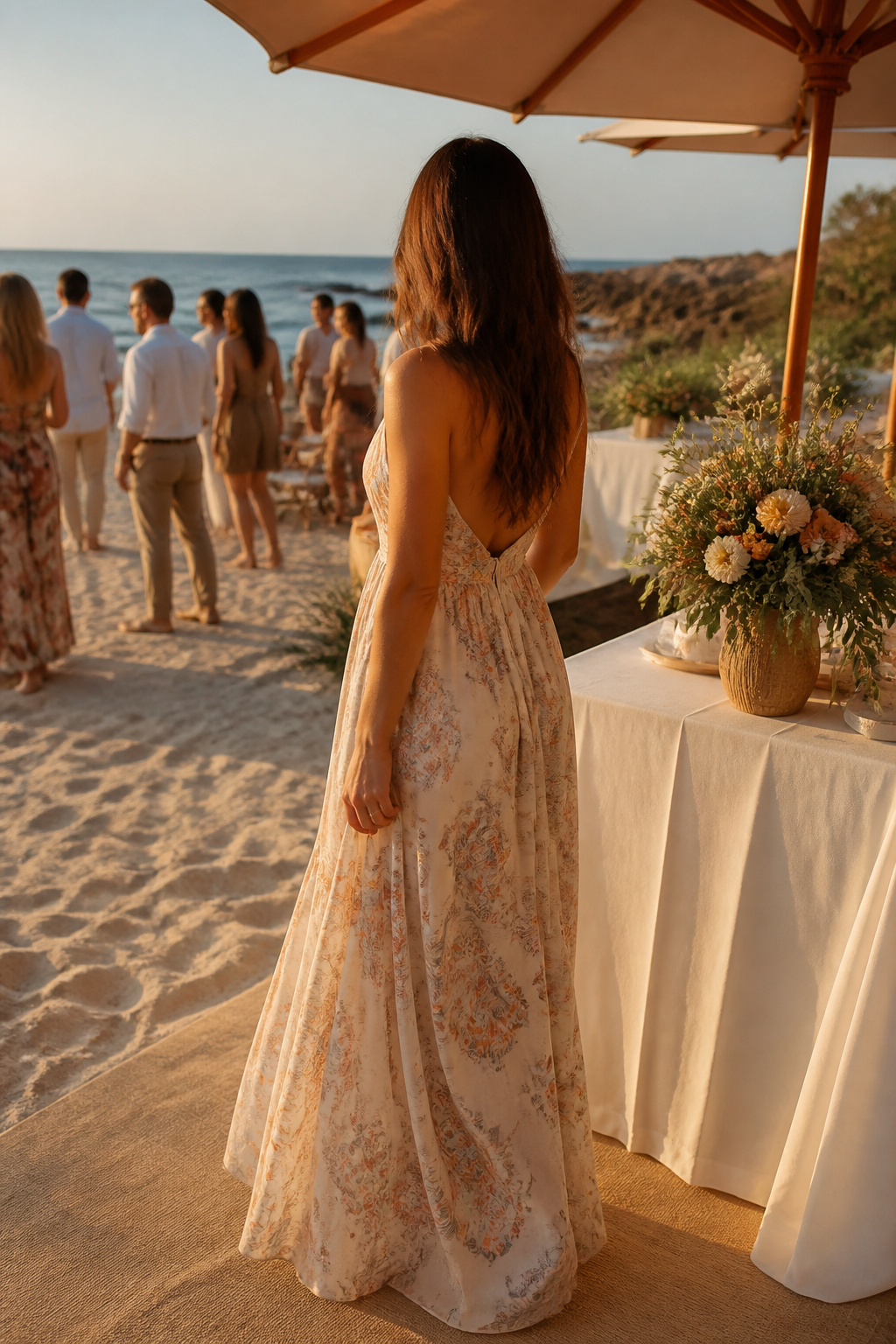 Guests at a beach wedding wearing casual maxi dresses under an umbrella.