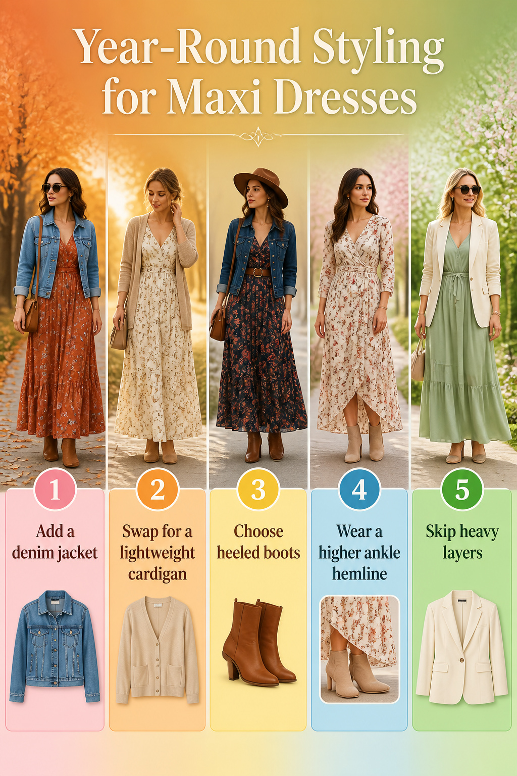 A maxi dress paired with a denim jacket for a fall look.