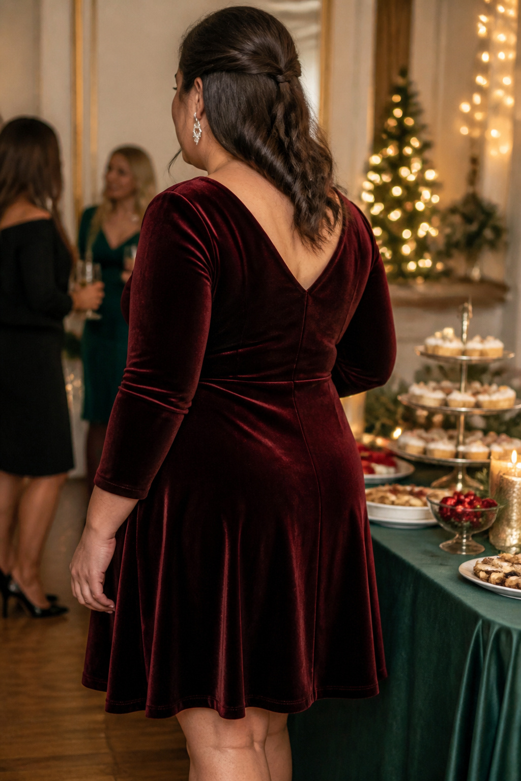 A model wearing a plus size holiday party dress at a festive gathering.