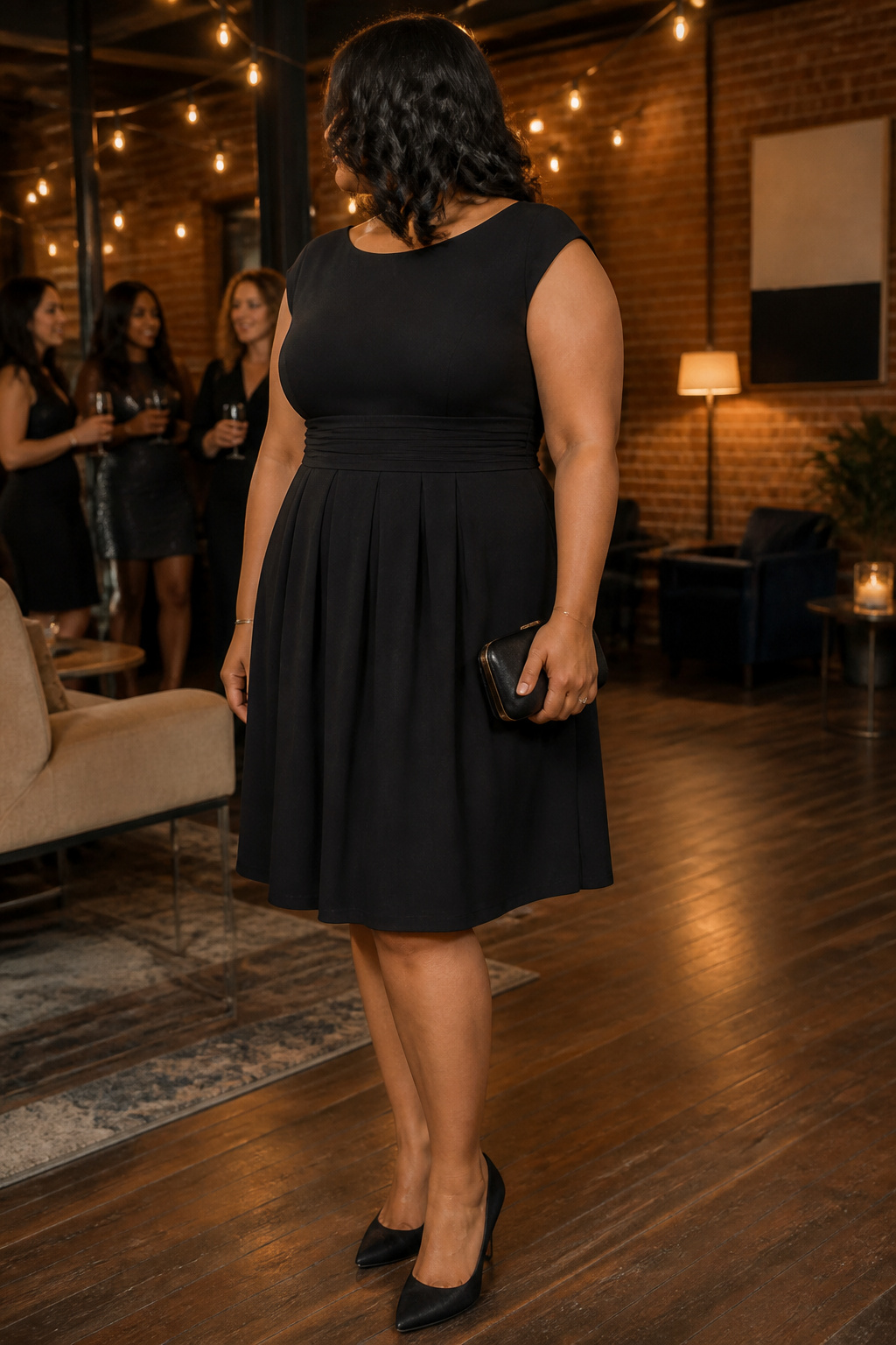 A model in a plus size semi-formal cocktail dress at an evening event.