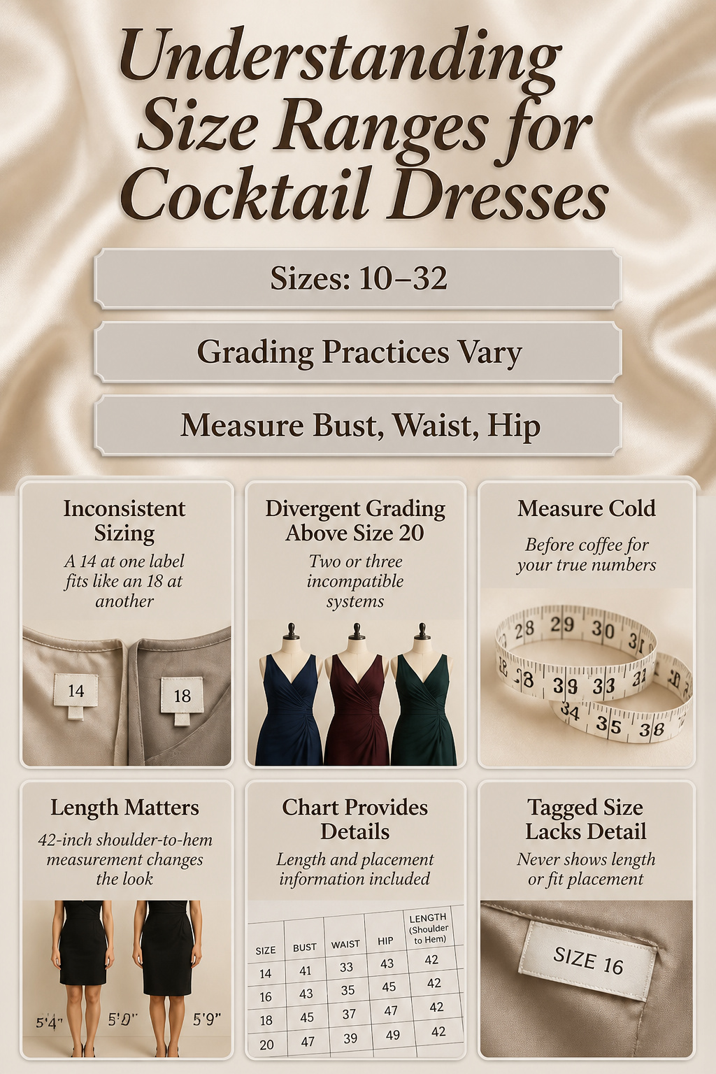 An informative image about size ranges for cocktail dresses.