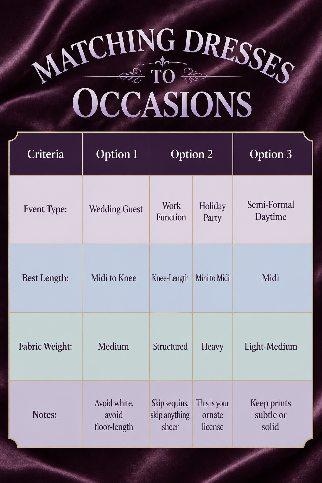 An image showing how to match dresses to various occasions.