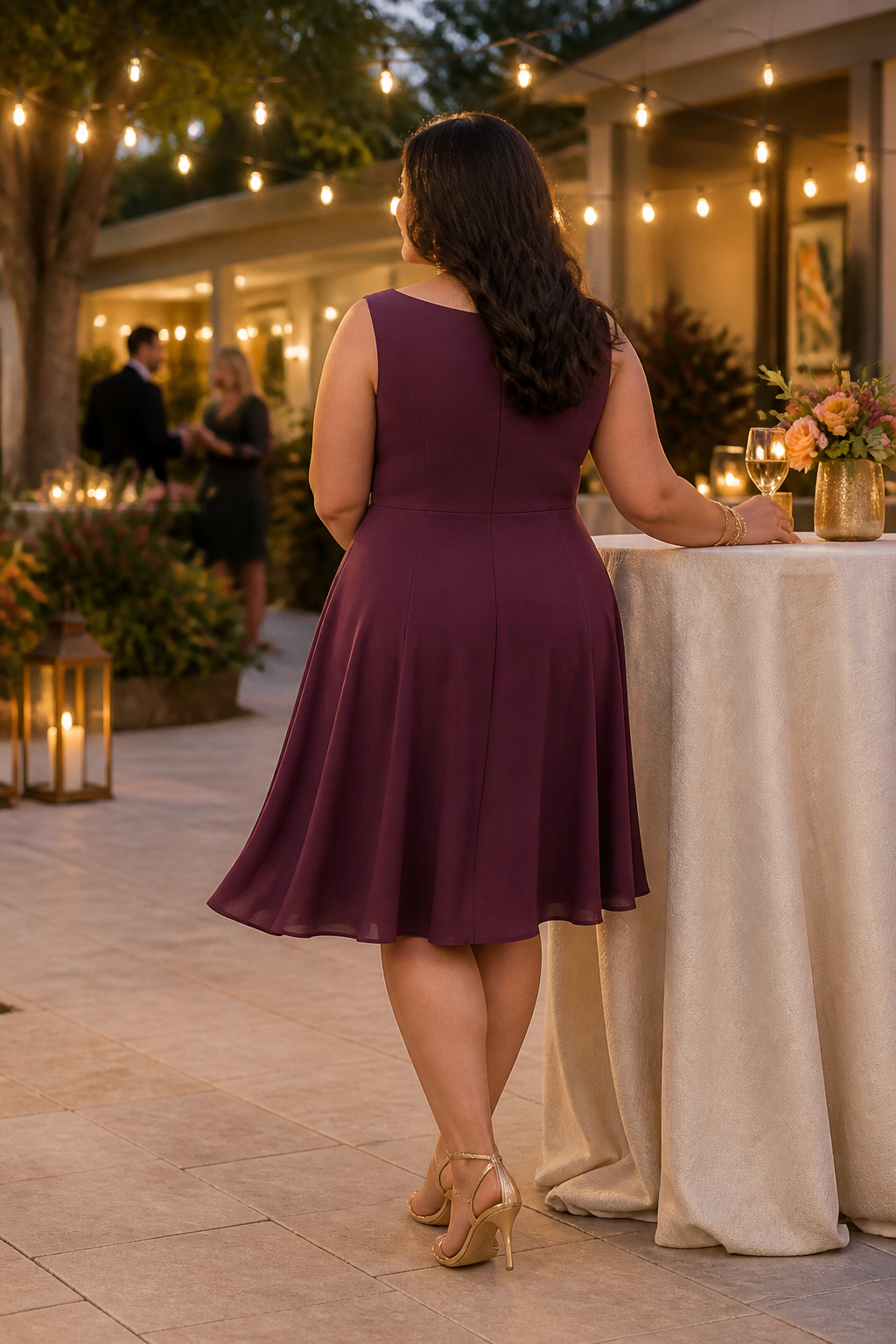 A model in a plus size A-line cocktail dress standing at a cocktail table.