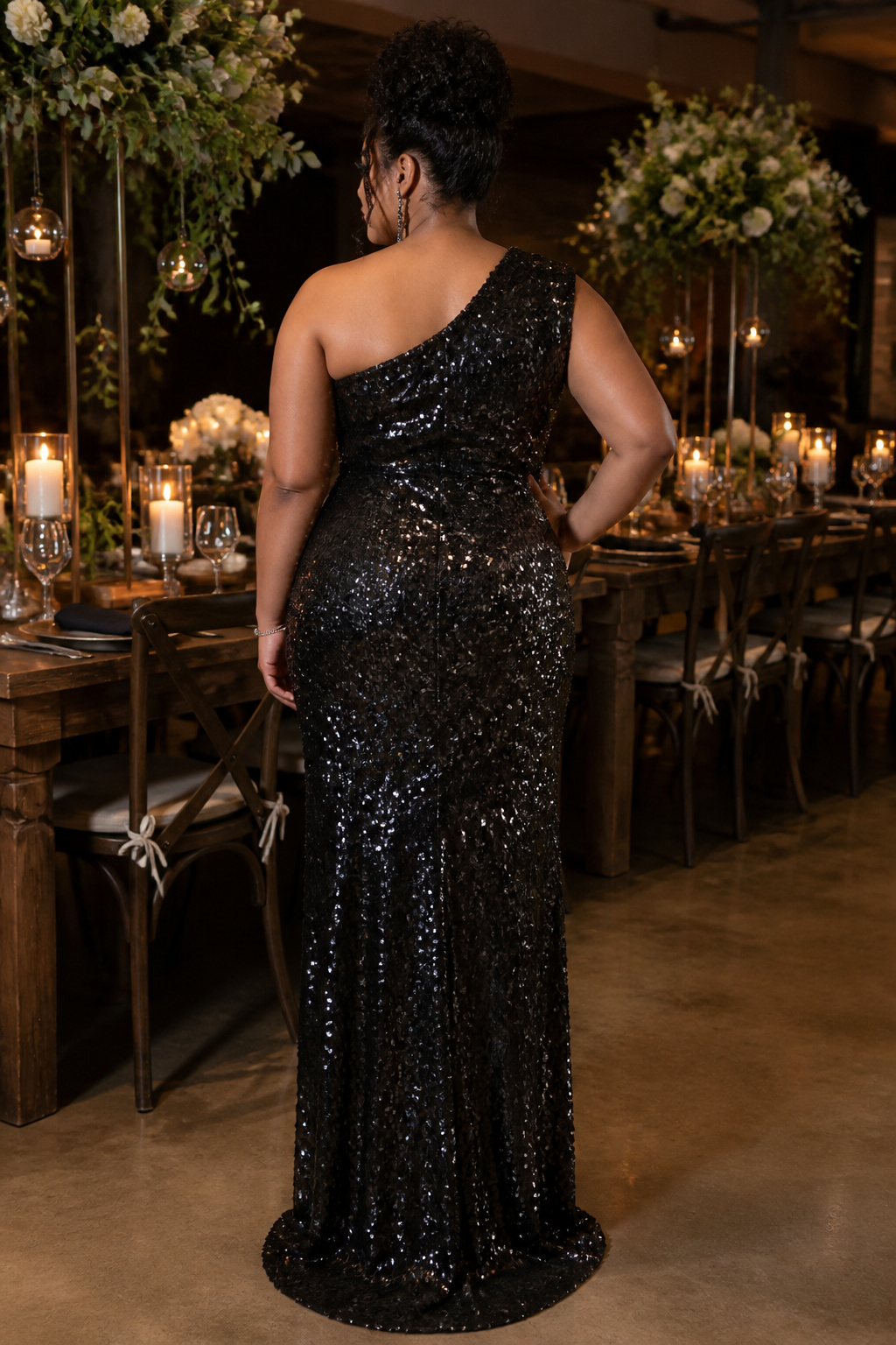 A black one-shoulder sequin maxi dress displayed on a mannequin.