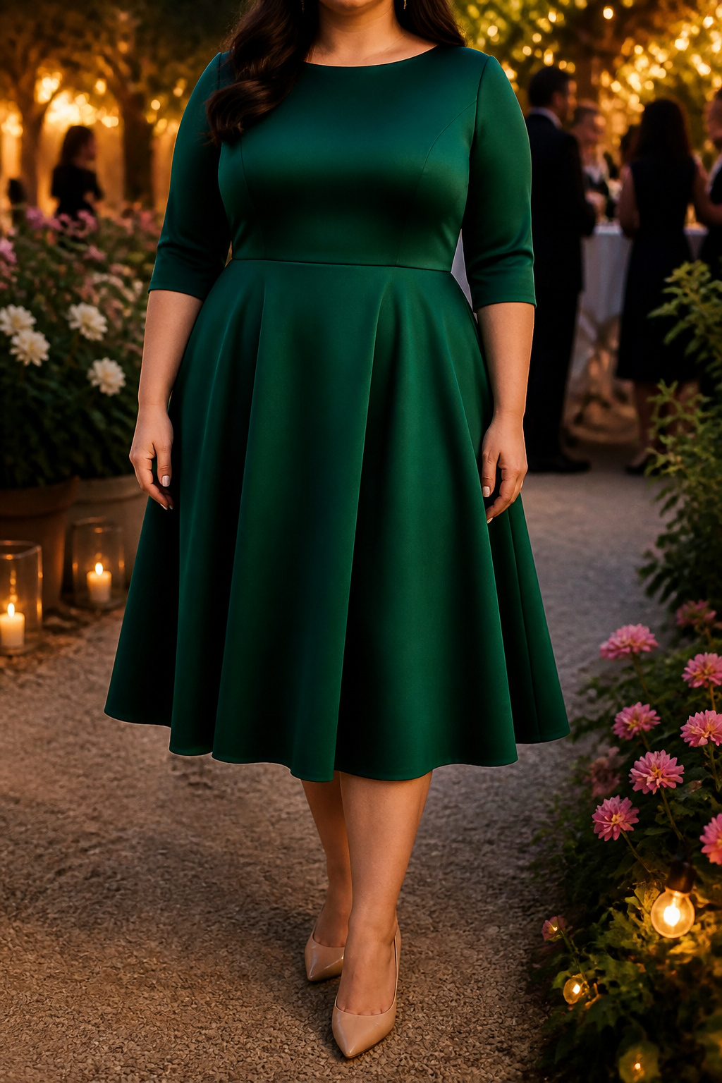 A plus size midi dress with an A-line skirt and three-quarter sleeves.