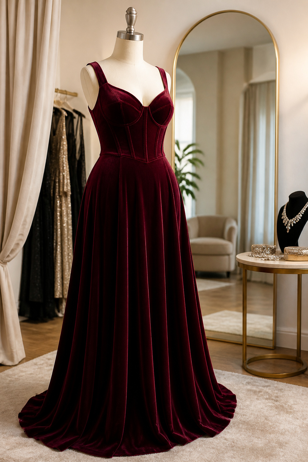 A plus size gown with a boned bodice and flowing skirt.