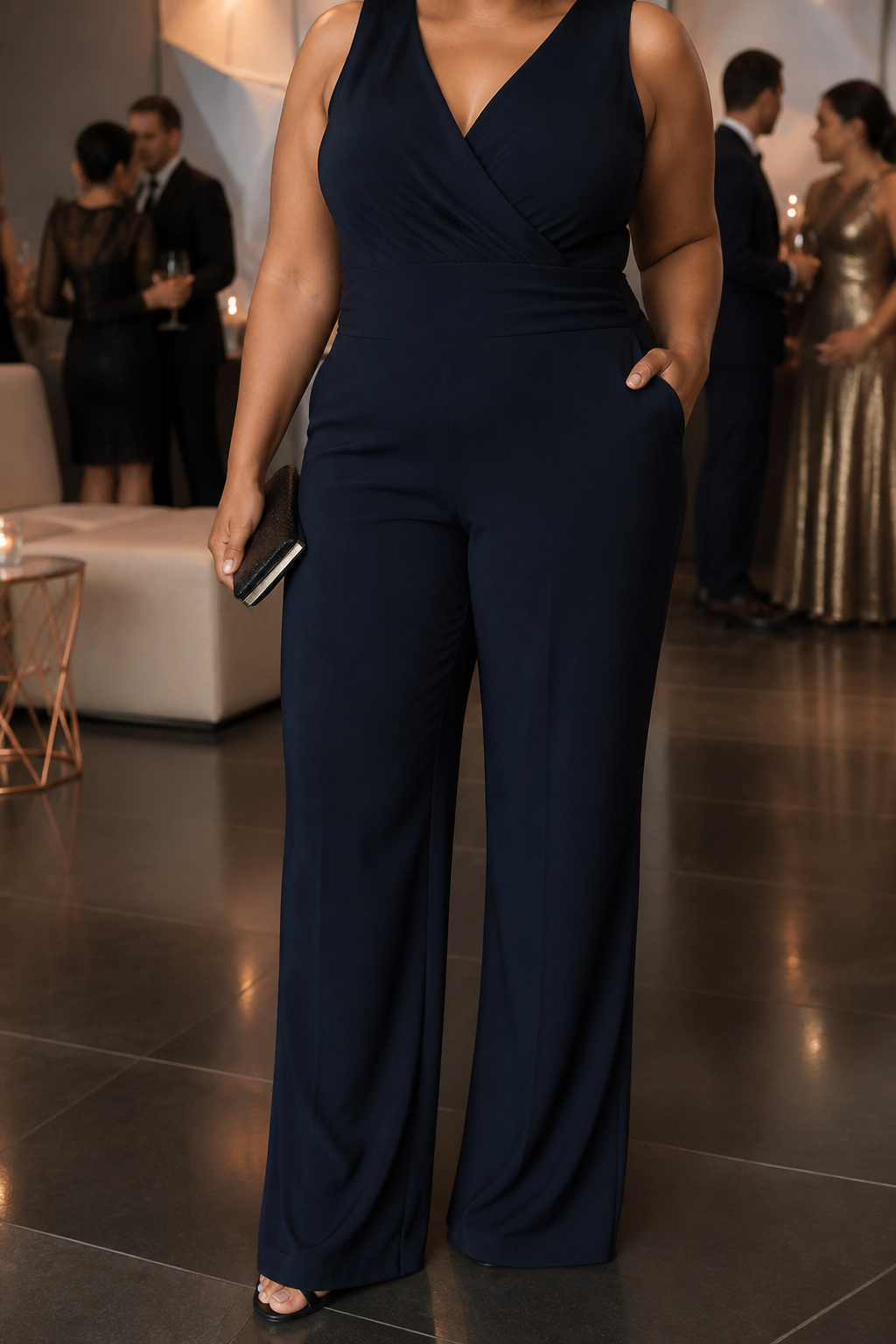 A plus size midnight navy crepe jumpsuit displayed on a mannequin.