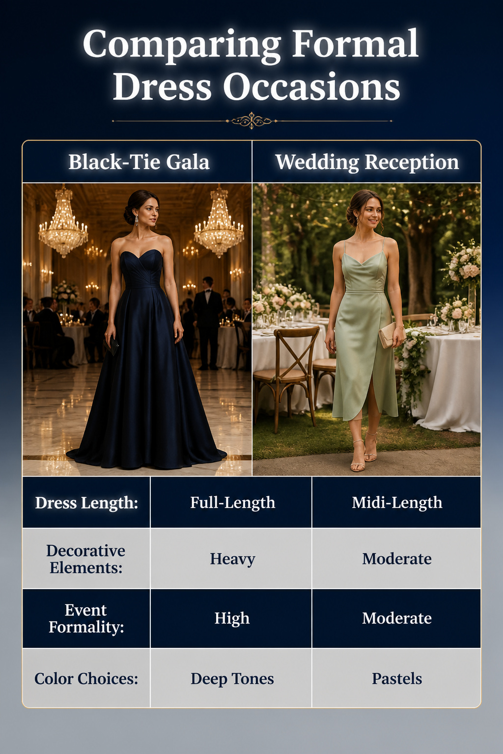 An information image comparing formal dress occasions.