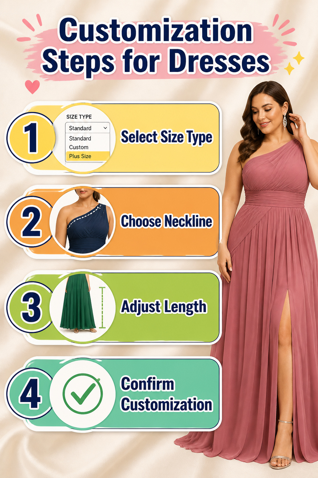 An information image outlining customization steps for dresses.