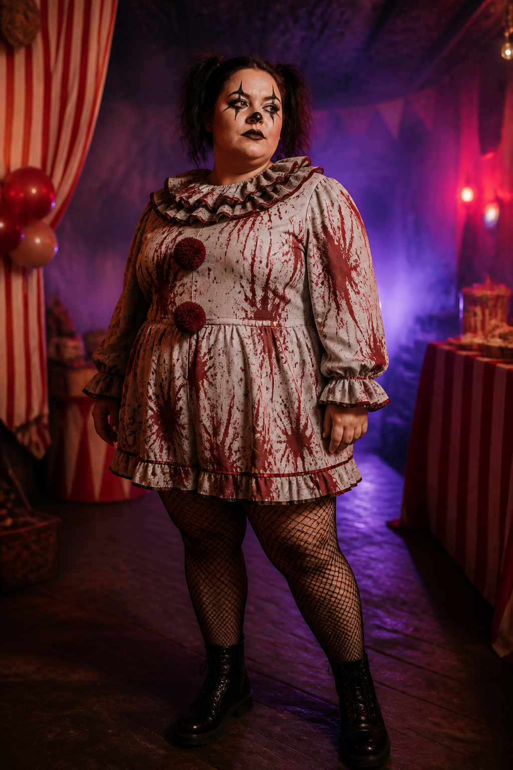 Plus-size model in a killer clown costume at a carnival-themed party.