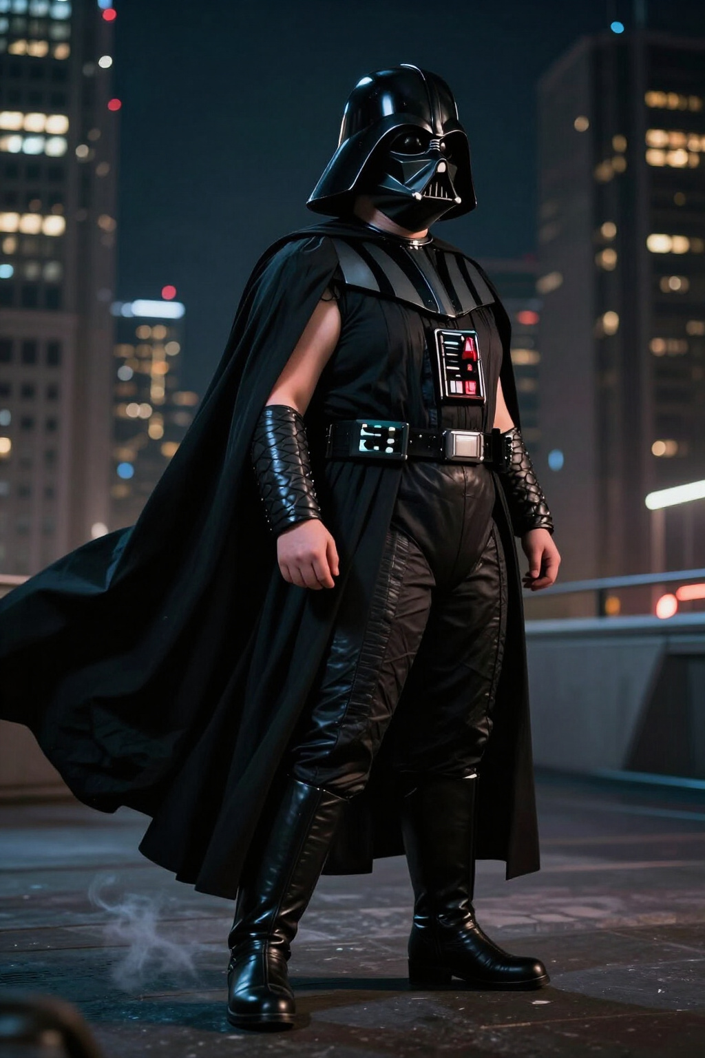 Plus-size model in a Darth Vader costume in an urban nighttime setting.