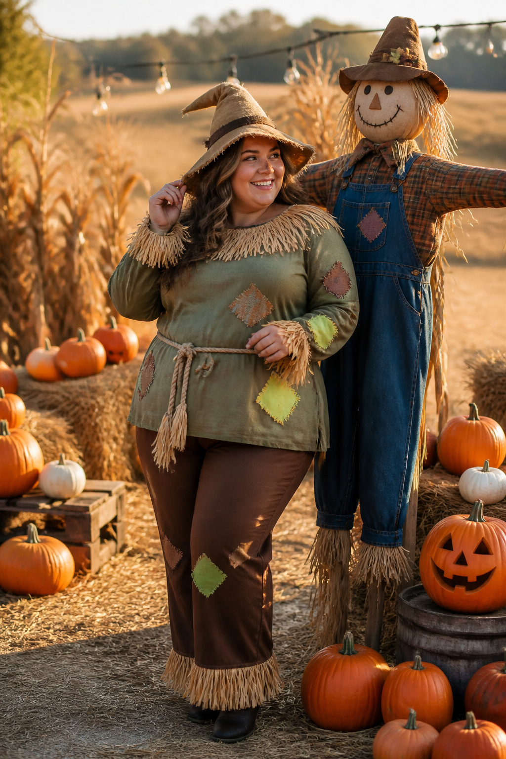 Plus-size model in a Scarecrow costume in a colorful pumpkin patch.