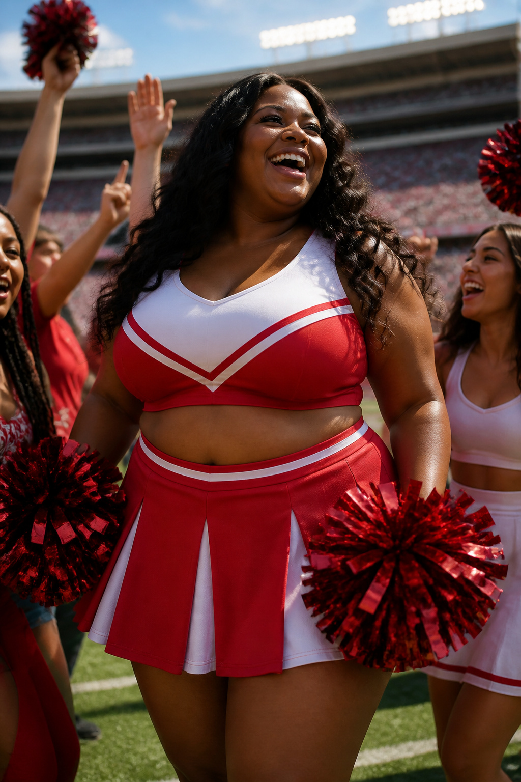 Plus-size model in a cheerleader costume with pom-poms.