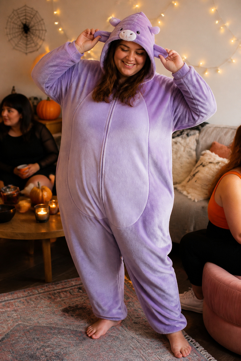 Plus-size model in an animal onesie costume surrounded by decorations.