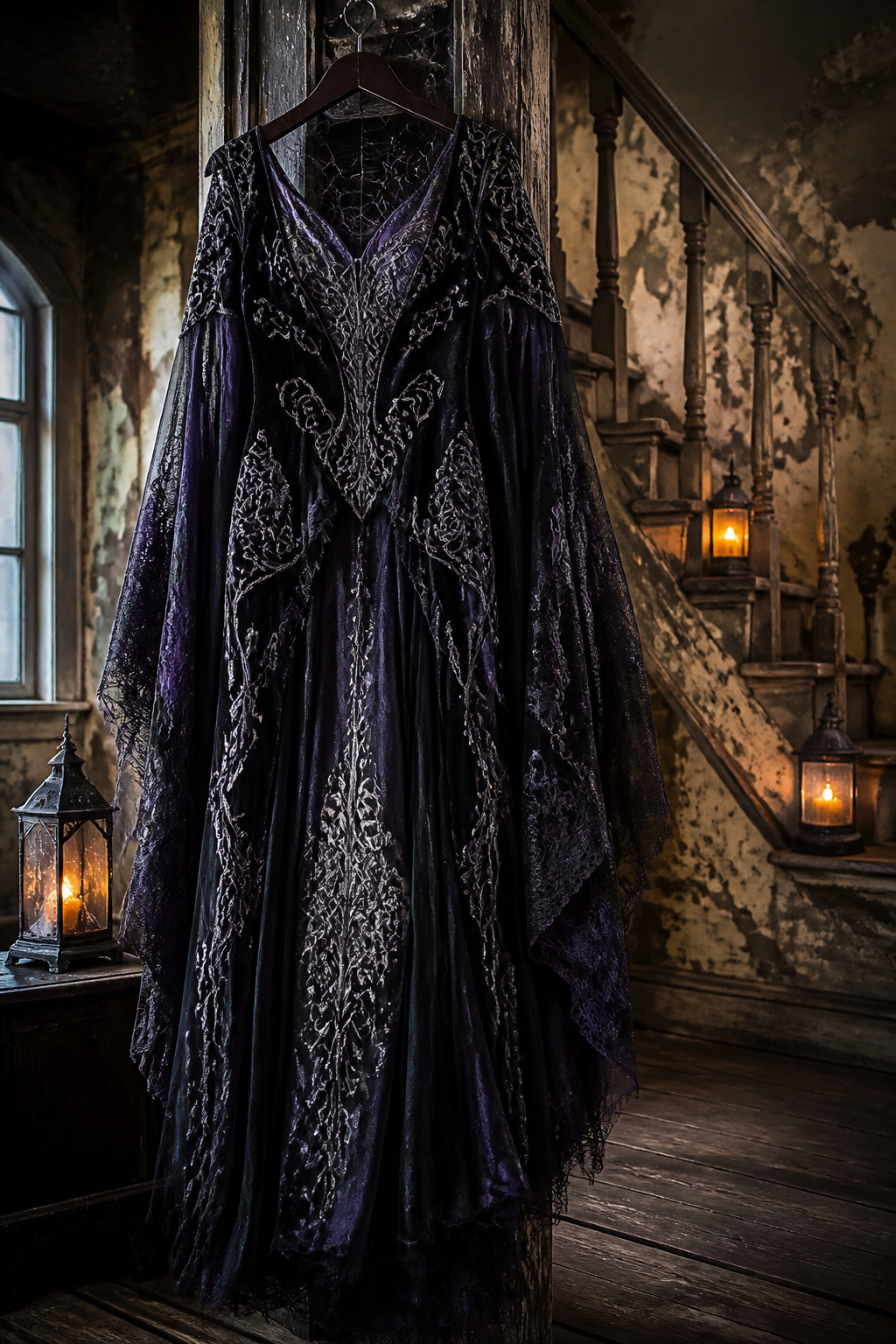 Plus-size scary costume displayed in front of an abandoned house.