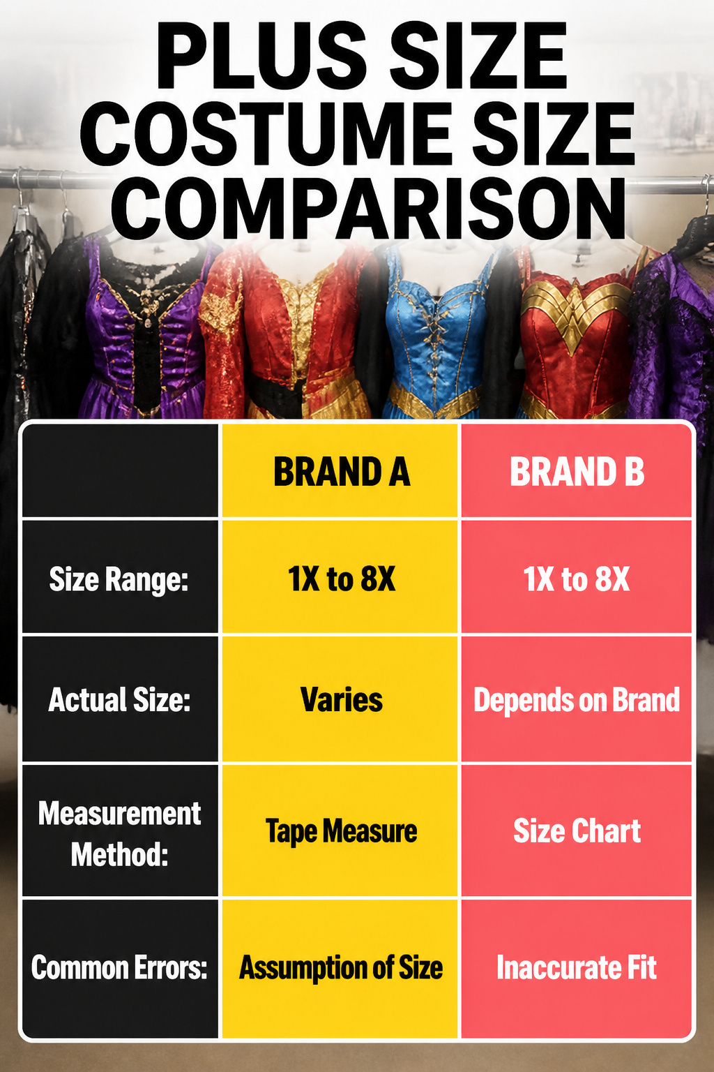 Graphic showing plus-size costume size comparison chart.