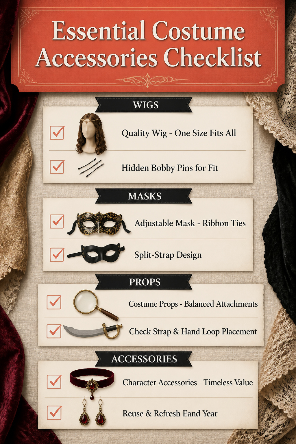 Graphic with a checklist of essential costume accessories.