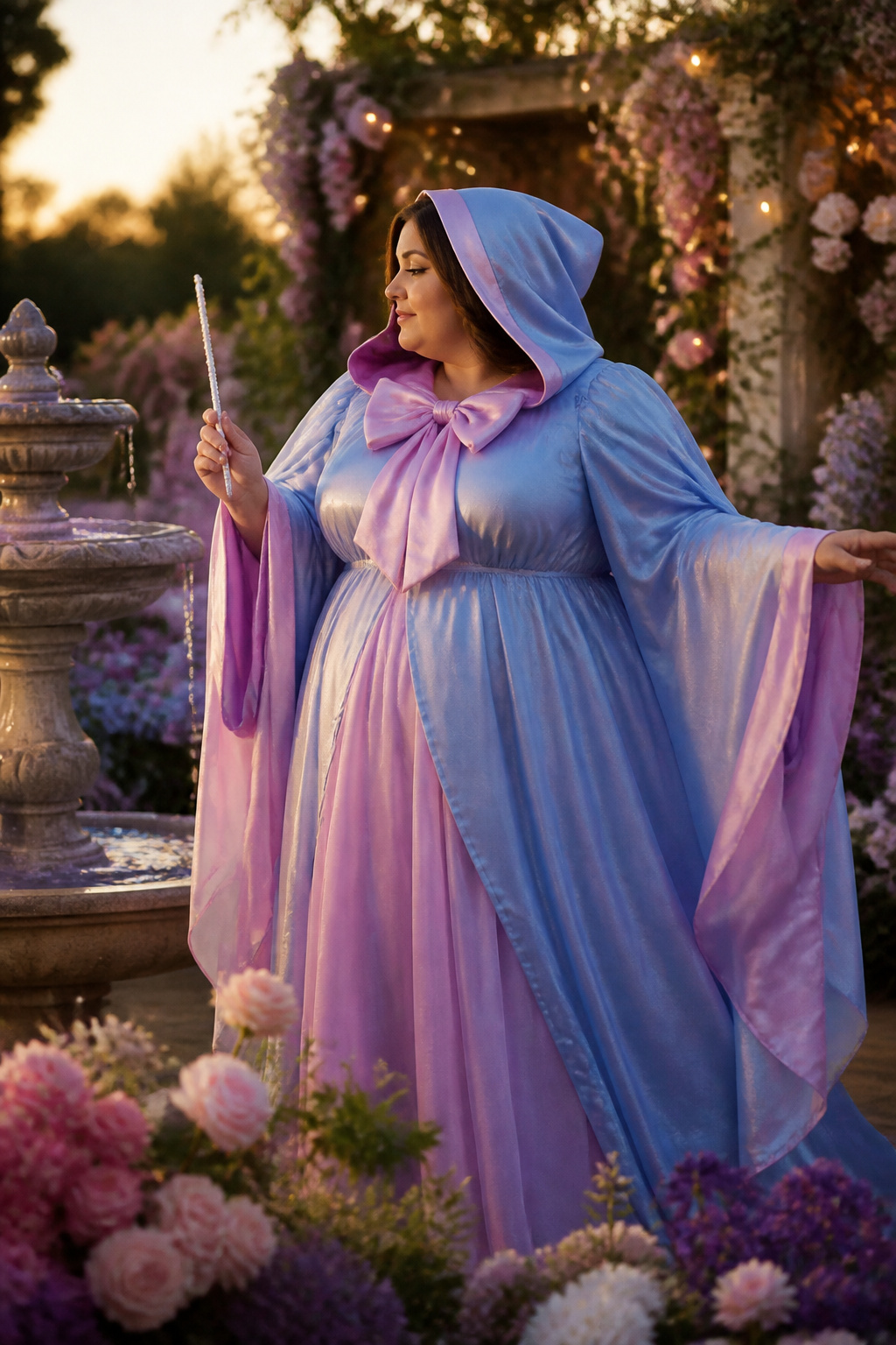 Plus-size model in a pastel blue Fairy Godmother costume in a garden.