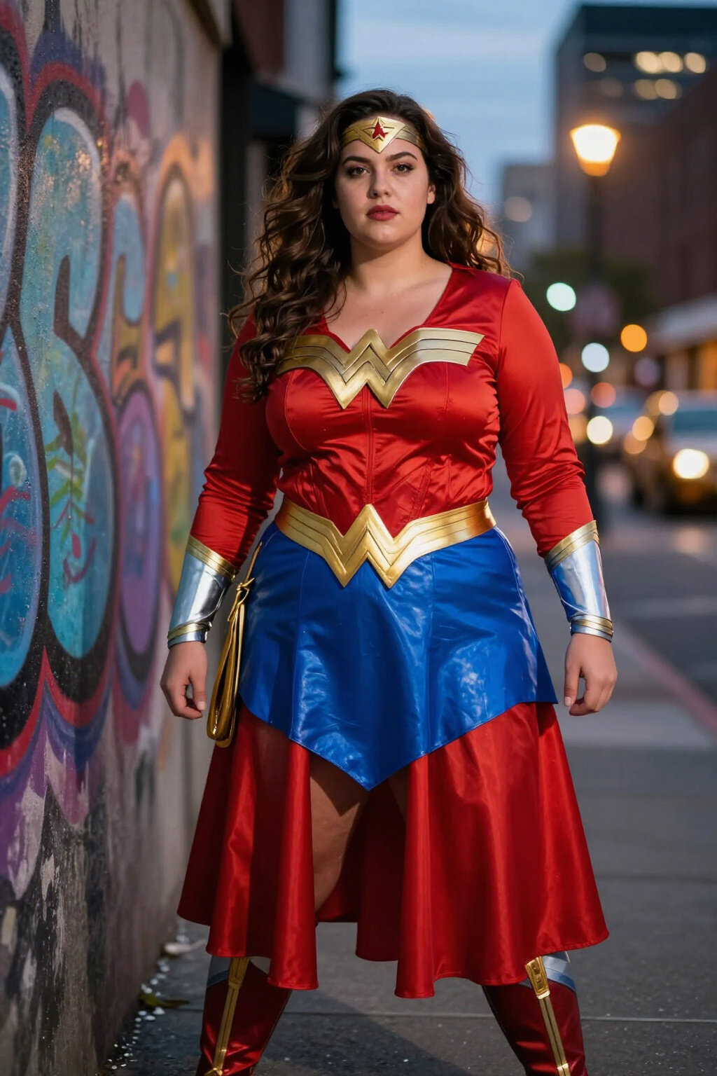 Plus-size model in a Wonder Woman costume against an urban backdrop.