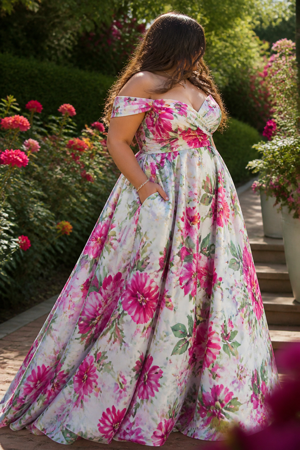 Plus Size Prom Dresses: 23 Silhouettes, Necklines & Details 12 A floral plus-size prom dress in a vibrant print.